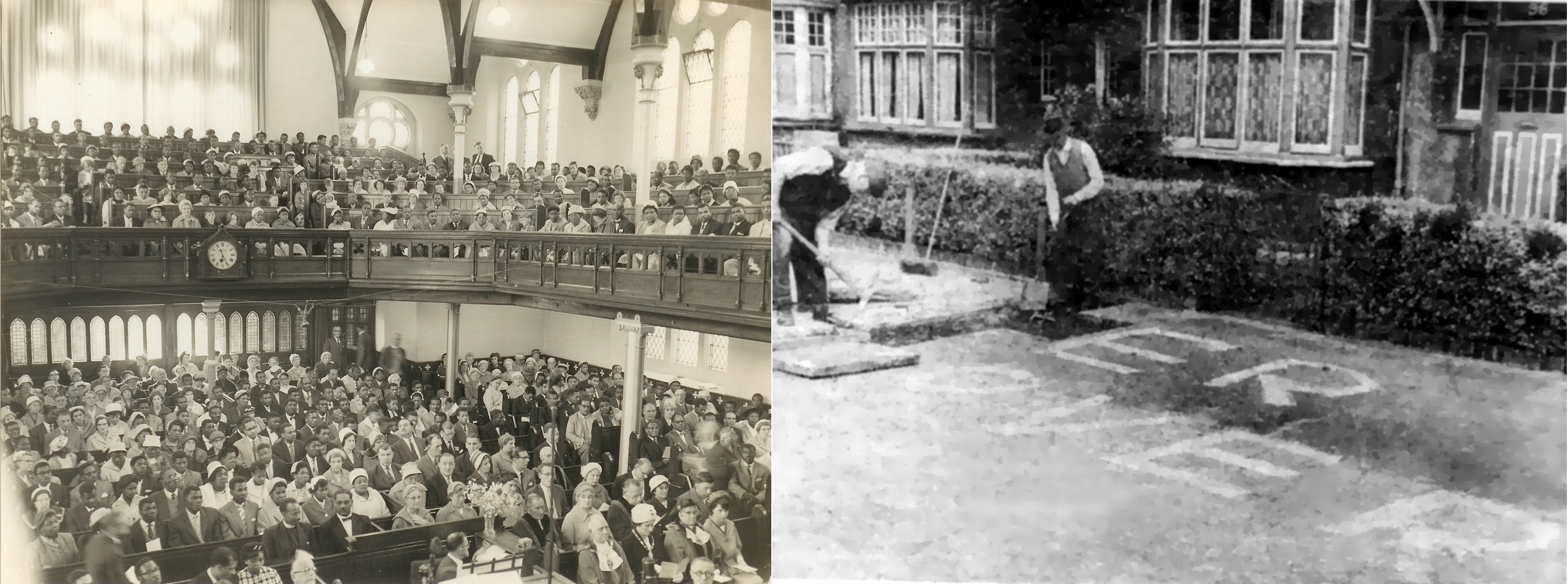 Left: Commonwealth Sunday Service 1962, High Cross Church Tottenham. Right: Workmen turning over the paving stones outside the church house, Tottenham, August 1962.