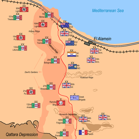 Deployment of forces at Second Battle of El Alamein, 23 October 1942. See Photo Credits.