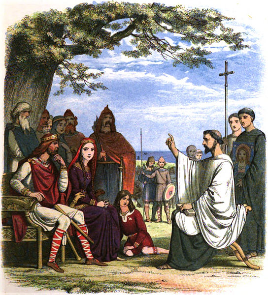A depiction of Augustine of Canterbury preaching to Æthelberht of Kent. JWE Doyle, 1864.