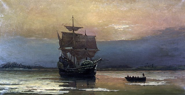 The Mayflower at Plymouth Harbour (Halsall, 1882).