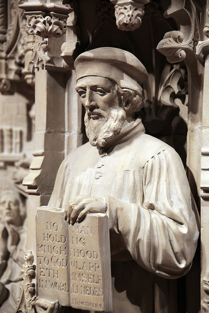 John Wycliffe, Washington National Cathedral. The text is a variant of 2 Timothy 2:4: "No one serving as a soldier gets entangled in civilian affairs, but rather tries to please his commanding officer." See Photo Credits.