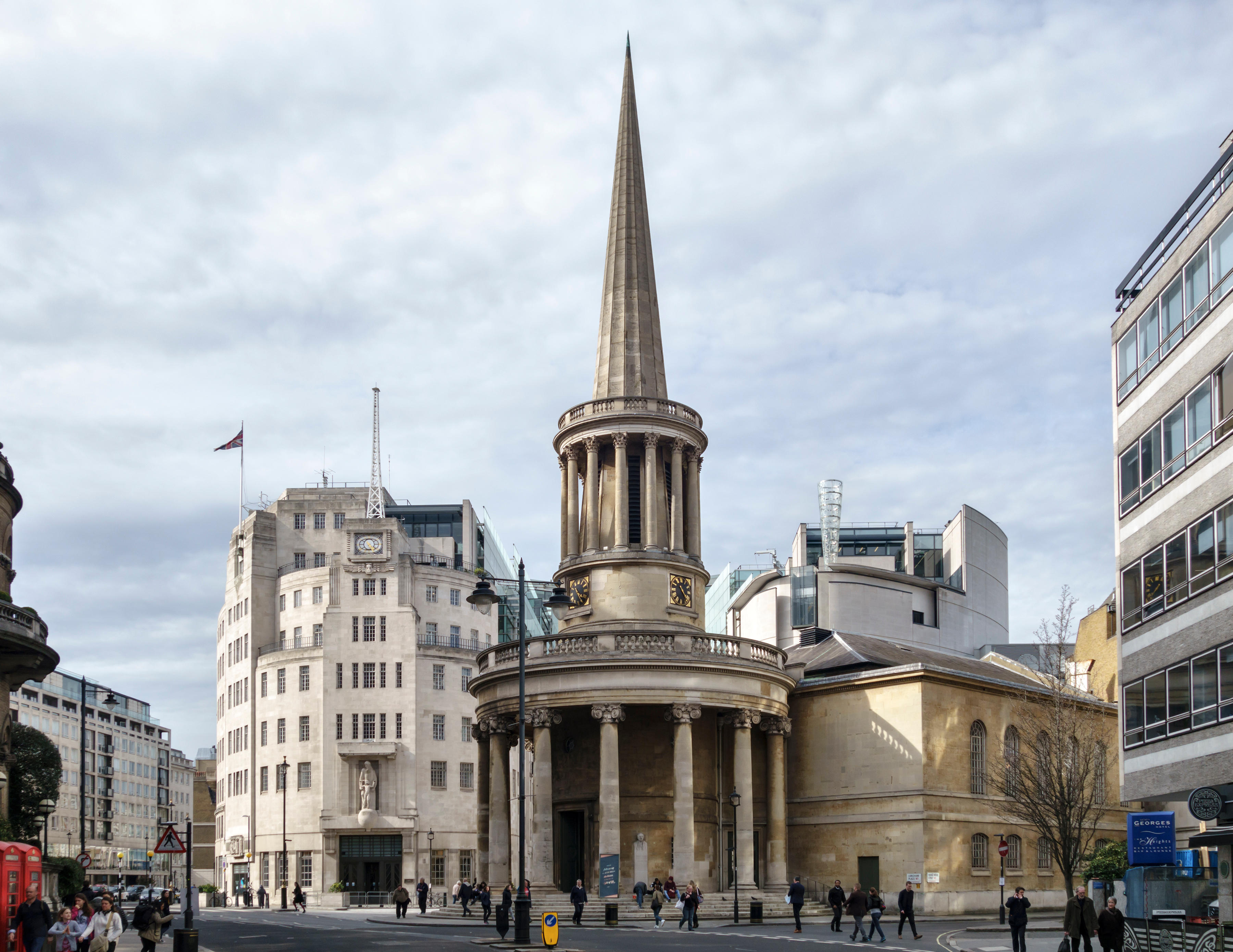 All Souls Church, London. Behind it stands the former BBC HQ         (pic c/o Alamy)