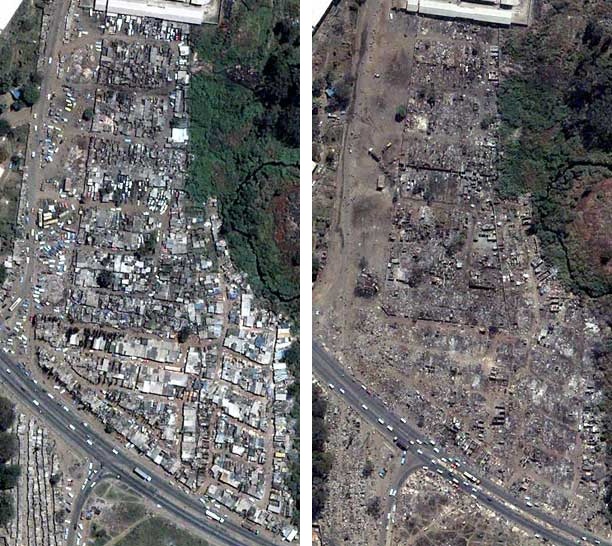 Mbare township before (left) and after (right) Operation Murambatsvina
