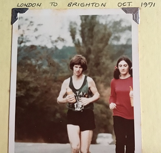 Charles Gardner competes (more successfully on this occasion) in the 53-mile London to Brighton race of October 1971, aged 22, assisted here by university friend Peppy Burns (now Anckorn).