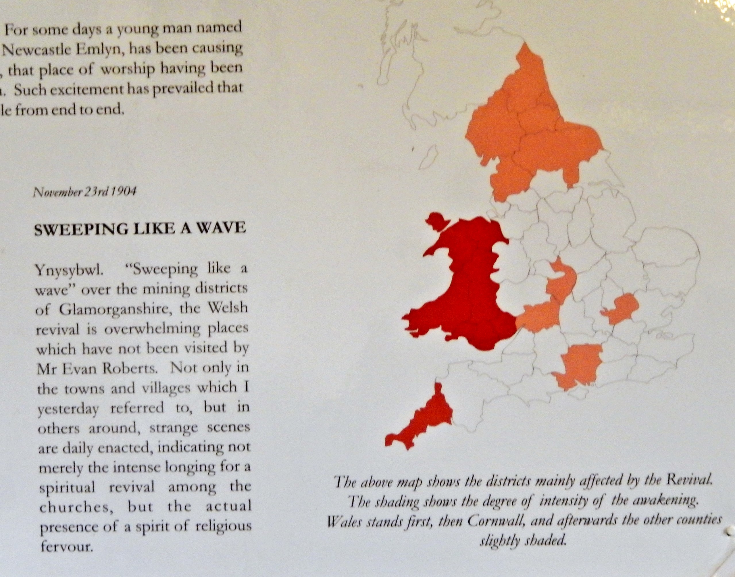 An illustration of the influence of the Welsh Revival on the United Kingdom is among exhibits at the Moriah Chapel, the church where it all began in October 1904. Photo: Linda Gardner