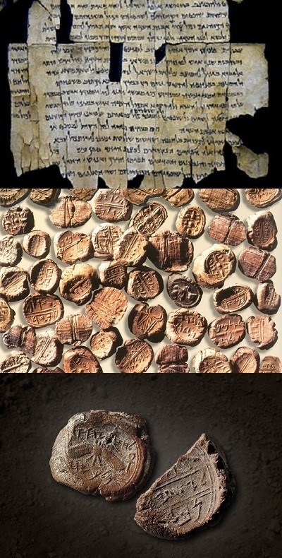 Top: Part of Dead Sea Scroll 1Q28a. Middle: Document seals, City of David, Jerusalem. Bottom: Seals of Hezekiah (left) and Isaiah (right). See Photo Credits/References