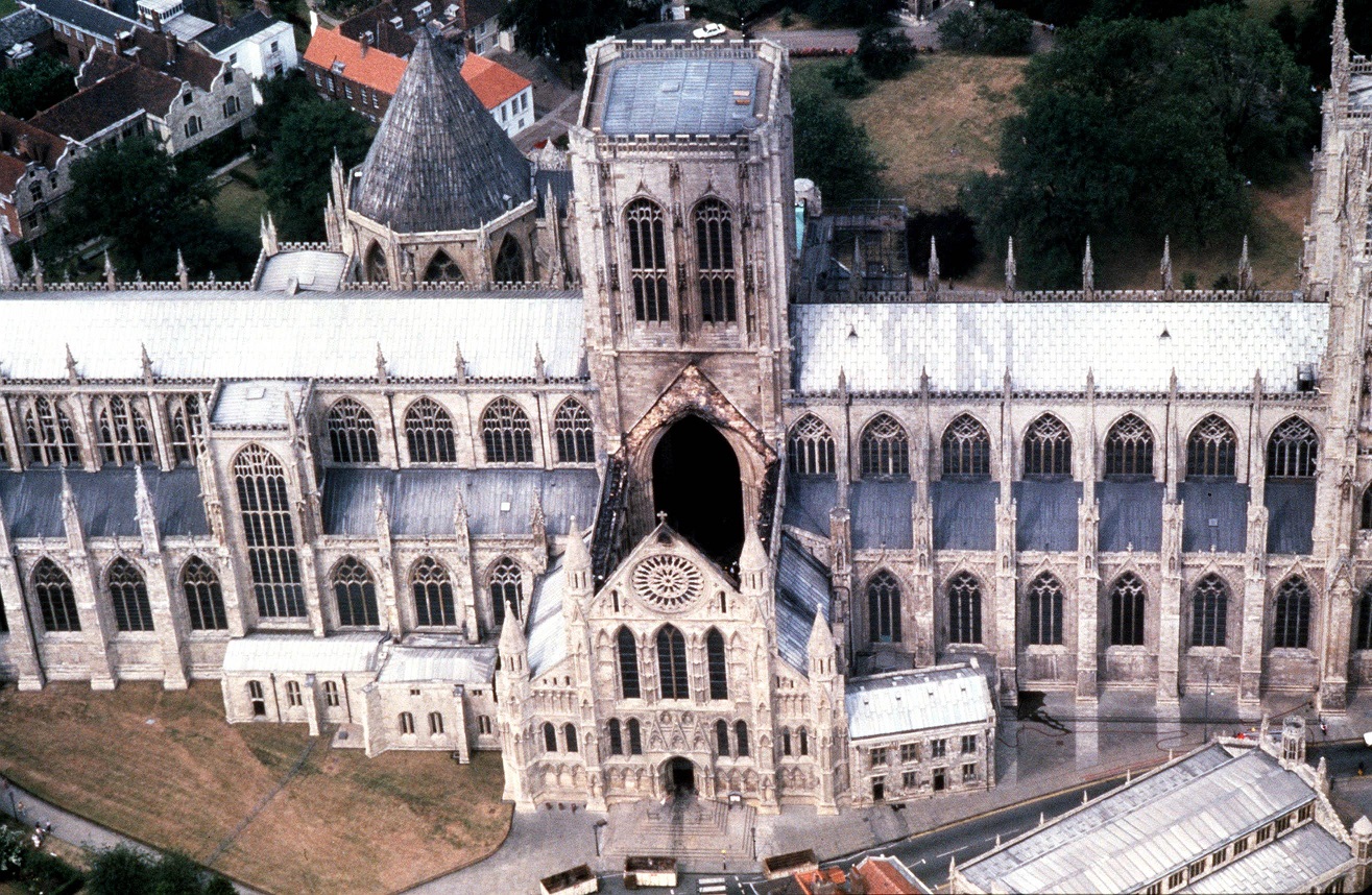 York Minster's south transept after the lightning strike, 1984. See Photo Credits.