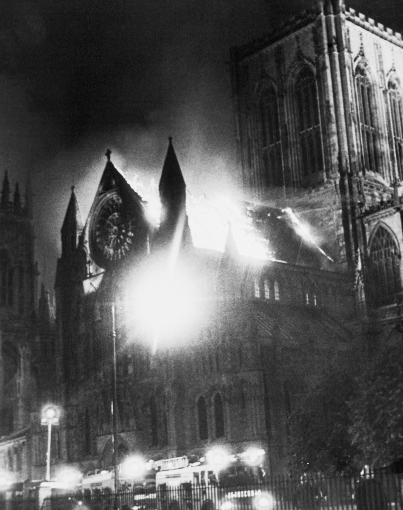 The South Transept of York Minster ablaze, 1984. PA/PA Archive/PA Images.