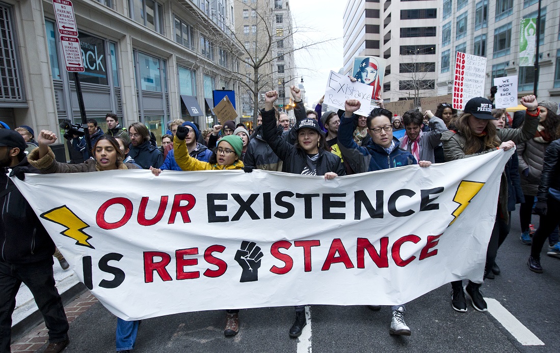 Anti-Trump demonstrators in Washington, today.
