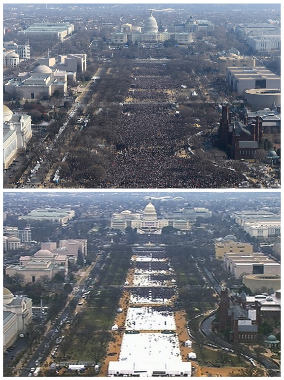 Aerial photographs of crowds at the Obama (top) and Trump (bottom) inaugurations. Crowd sizes have been disputed by Trump.