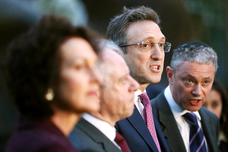 Members of the Board of Deputies feed back to the press after Corbyn's meeting with Jewish leaders. Jonathan Brady/PA Wire/PA Images