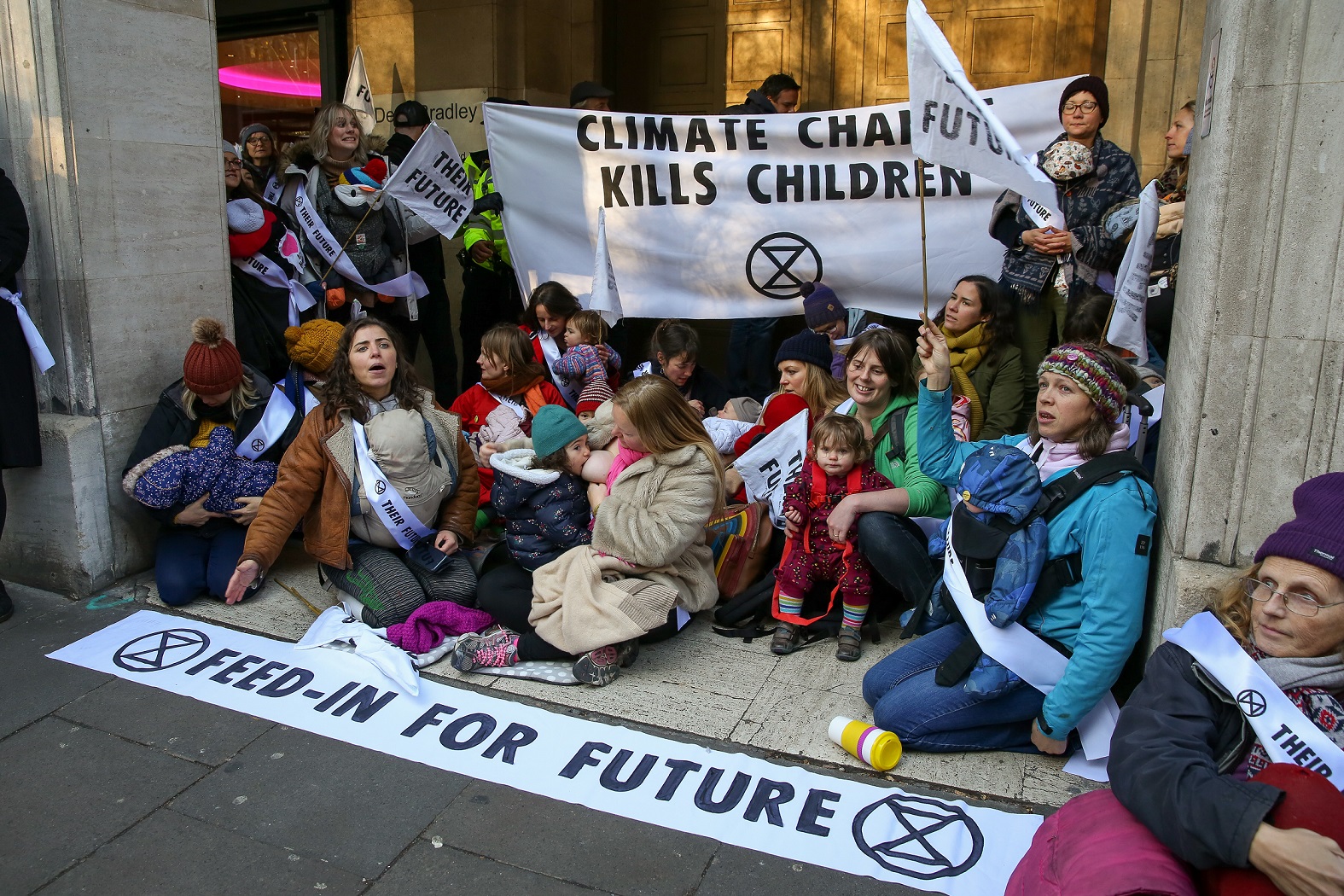 Mothers protest against climate change outside Labour HQ, London, 2 December 2019.