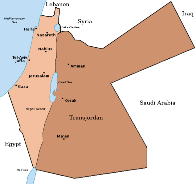 Map showing the British Mandate territory, and the area annexed for Transjordan in 1921. See Photo Credits.
