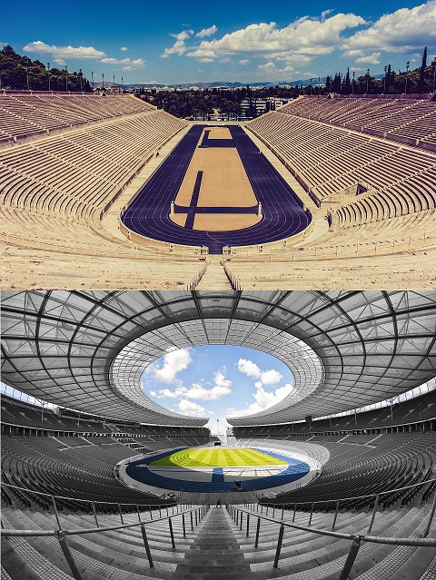 The ancient inspires the modern: The Panathenaic Stadium, Greece, and Berlin's Olympic Stadium.