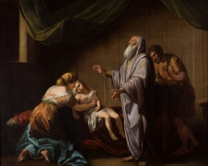 Elisha raises the Shunammite&#039;s son (painting by Benjamin West)