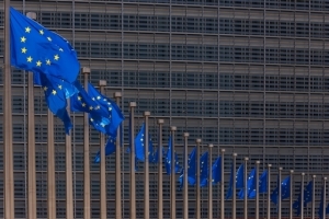 Flags of the EU at the European Commission in Brussels;