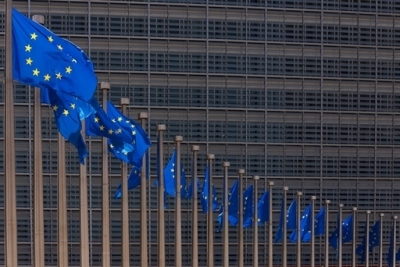 Flags of the EU at the European Commission in Brussels;