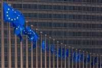 Flags of the EU at the European Commission in Brussels;