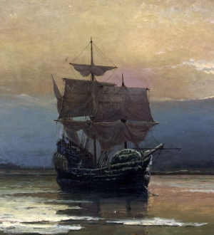&#039;Mayflower in Plymouth Harbour&#039;, by William Halsall, 1882. Cropped.