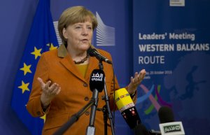 Merkel at an EU summit on the refugee crisis, October 2015.