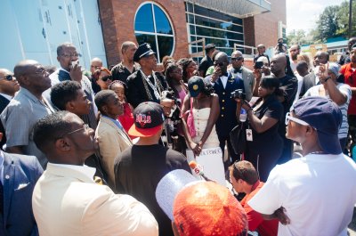 Protesters at Ferguson Police Dept., August 2014.