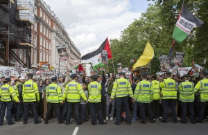 Al Quds march, London. Hezbollah flag (yellow) clearly visible.