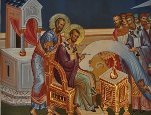 Depiction of St Paul guiding John Chrysostom in his writing