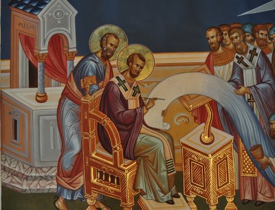 Depiction of St Paul guiding John Chrysostom in his writing