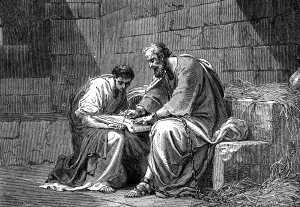 Paul in prison, writing his epistle to the Ephesians (artist unknown)