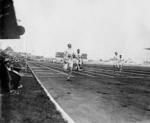 Eric Liddell crosses the 400m finishing line at the Paris Olympics, 1924