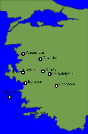 Locations of the seven churches in Revelation. All are located in modern-day Turkey.
