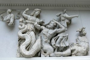 Greek gods fighting giants, part of the Temple of Zeus.