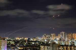 Iron Dome system intercepts rockets from Gaza over Ashkelon, 17 May 2021