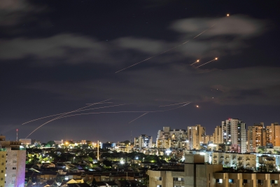 Iron Dome system intercepts rockets from Gaza over Ashkelon, 17 May 2021