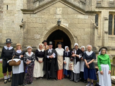 Pilgrim Fathers tour, outside Babworth church (Rev Price centre)